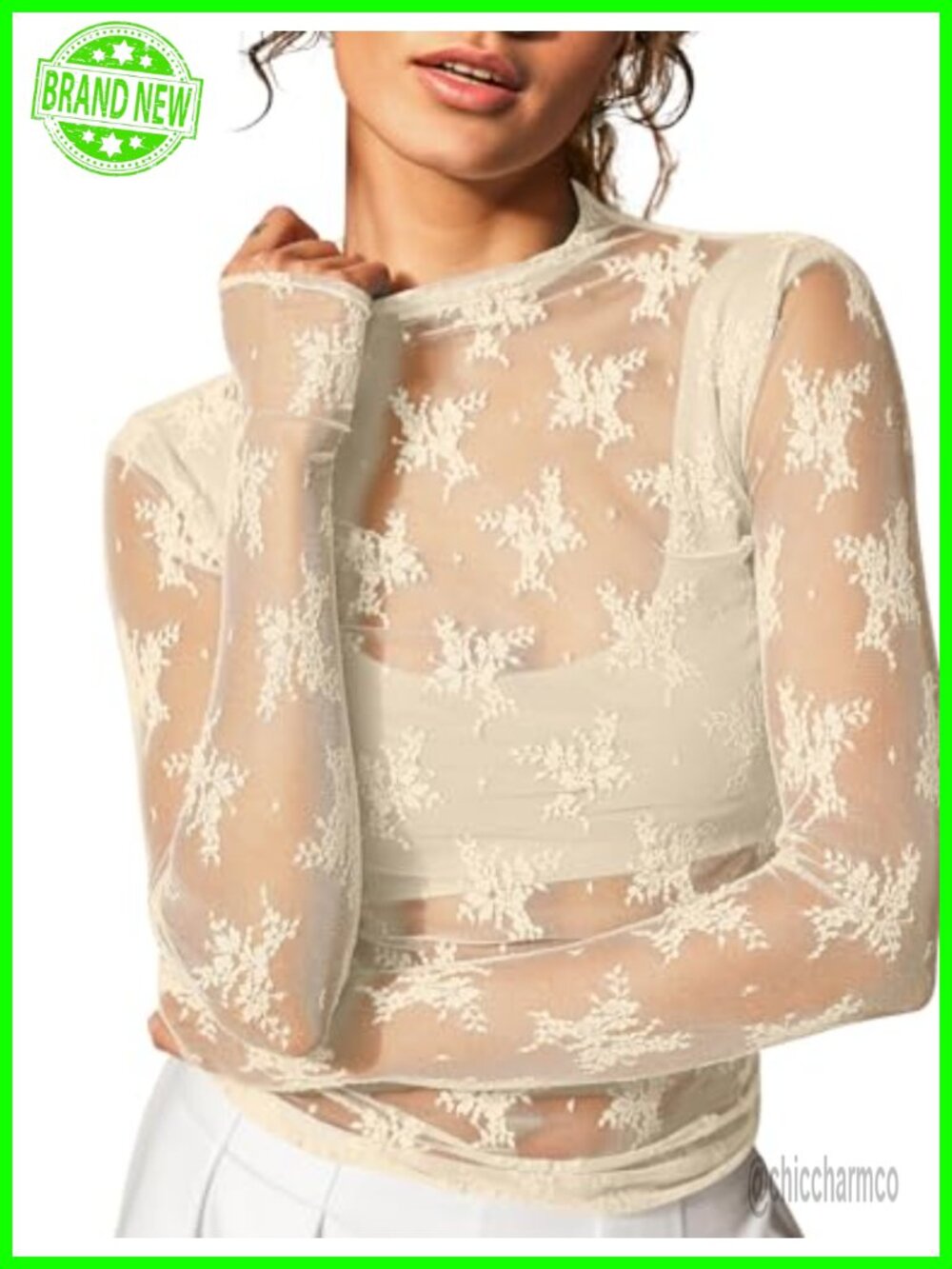 KTILG Women's Mesh Long Sleeve Top Sheer Lace Blouse See Through Tee